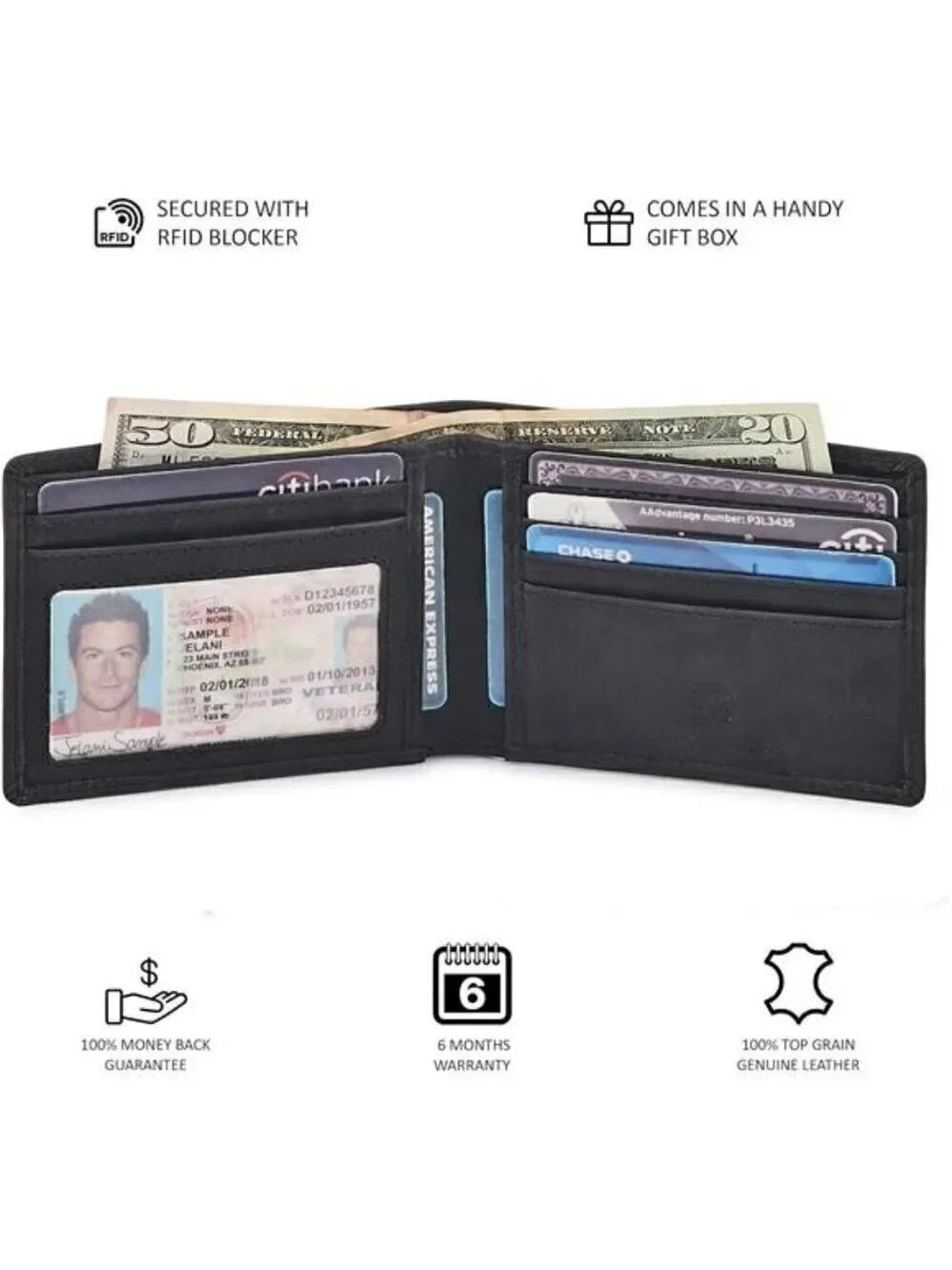 Genuine Leather Mens Bi fold Wallet RFID Blocking Slim Pocket Thin ID BLACK NEW